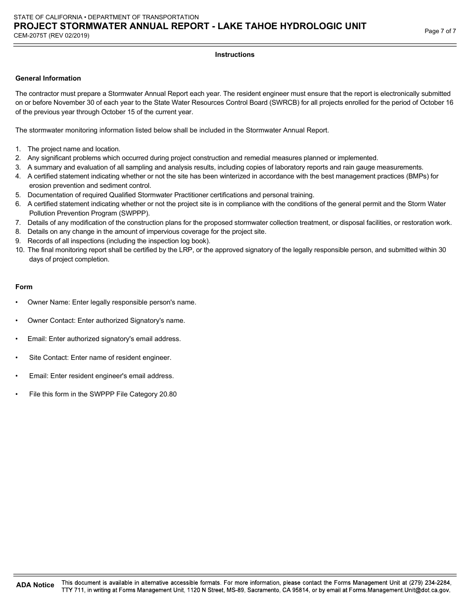 Form CEM-2075T Project Stormwater Annual Report - Lake Tahoe Hydrologic Unit - California, Page 7
