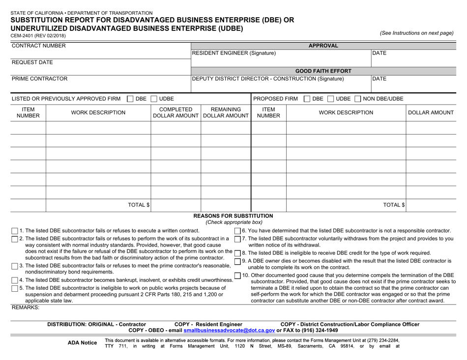 Form CEM-2401 Substitution Report for Disadvantaged Business Enterprise (Dbe) or Underutilized Disadvantaged Business Enterprise (Udbe) - California, Page 1