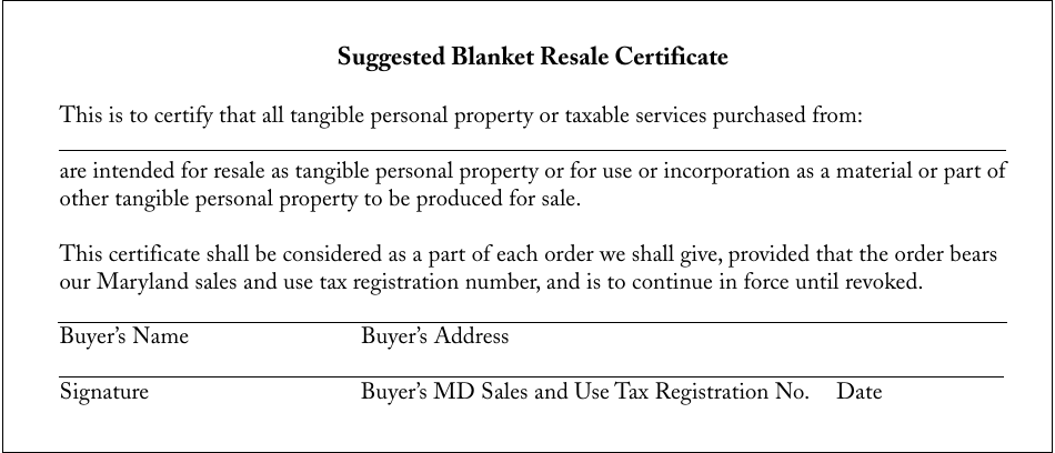 Suggested Blanket Resale Certificate - Maryland, Page 1