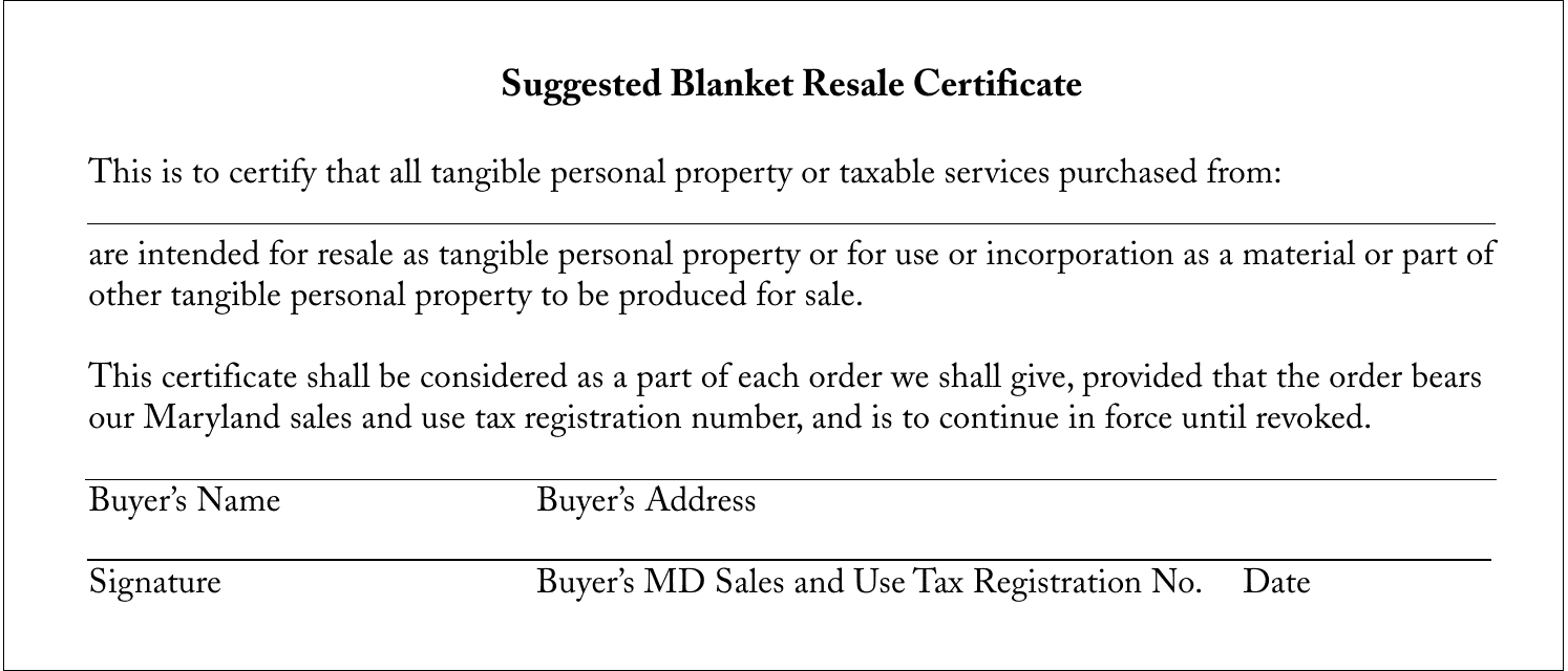 Suggested Blanket Resale Certificate - Maryland Download Pdf