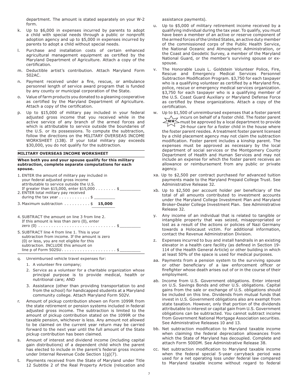 Military Overseas Income Worksheet - Maryland, Page 1