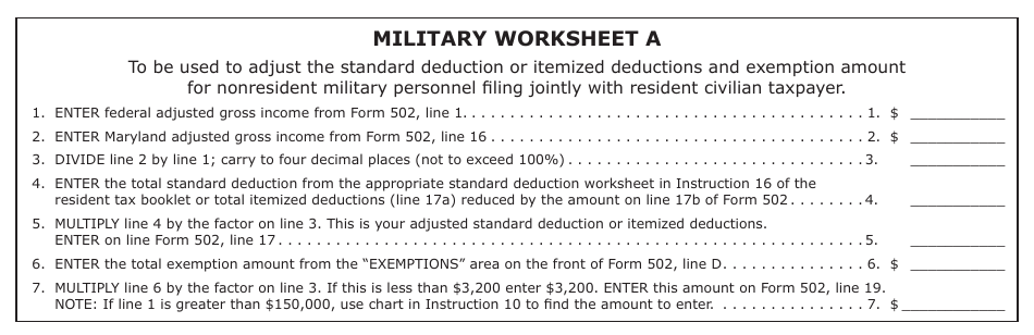 Worksheet A Military Worksheet - Maryland, Page 1