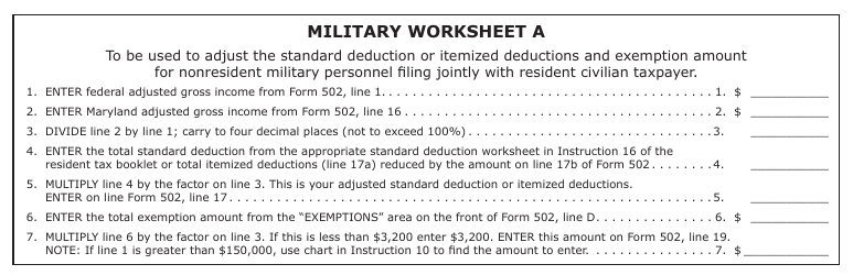 Document preview: Worksheet A Military Worksheet - Maryland