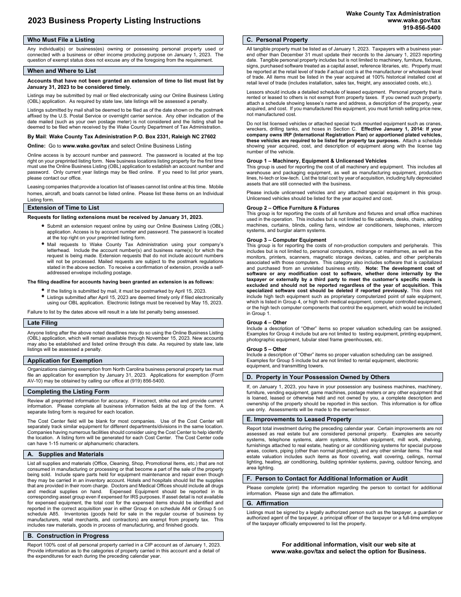 Instructions for Business Property Listing - Wake County, North Carolina, Page 1