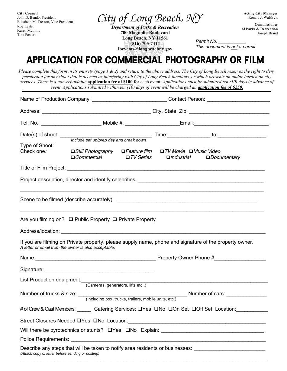 Application for Commercial Photography or Film - City of Long Beach, New York, Page 1