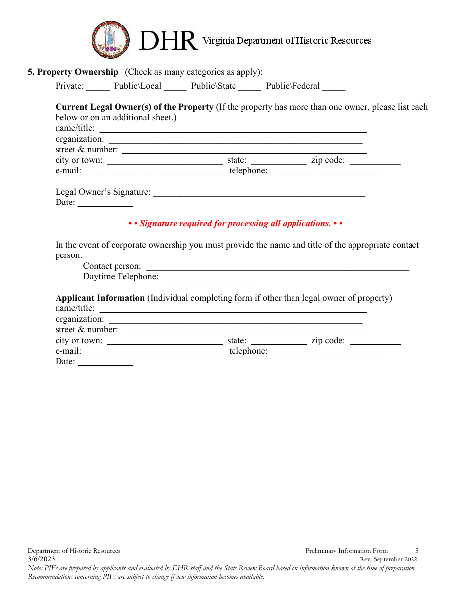 Preliminary Information Form (PIF) for Archaeological Sites - Virginia, Page 5