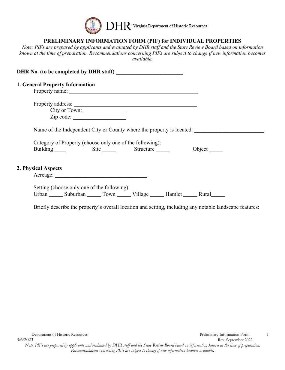 Preliminary Information Form (PIF) for Individual Properties - Virginia, Page 2