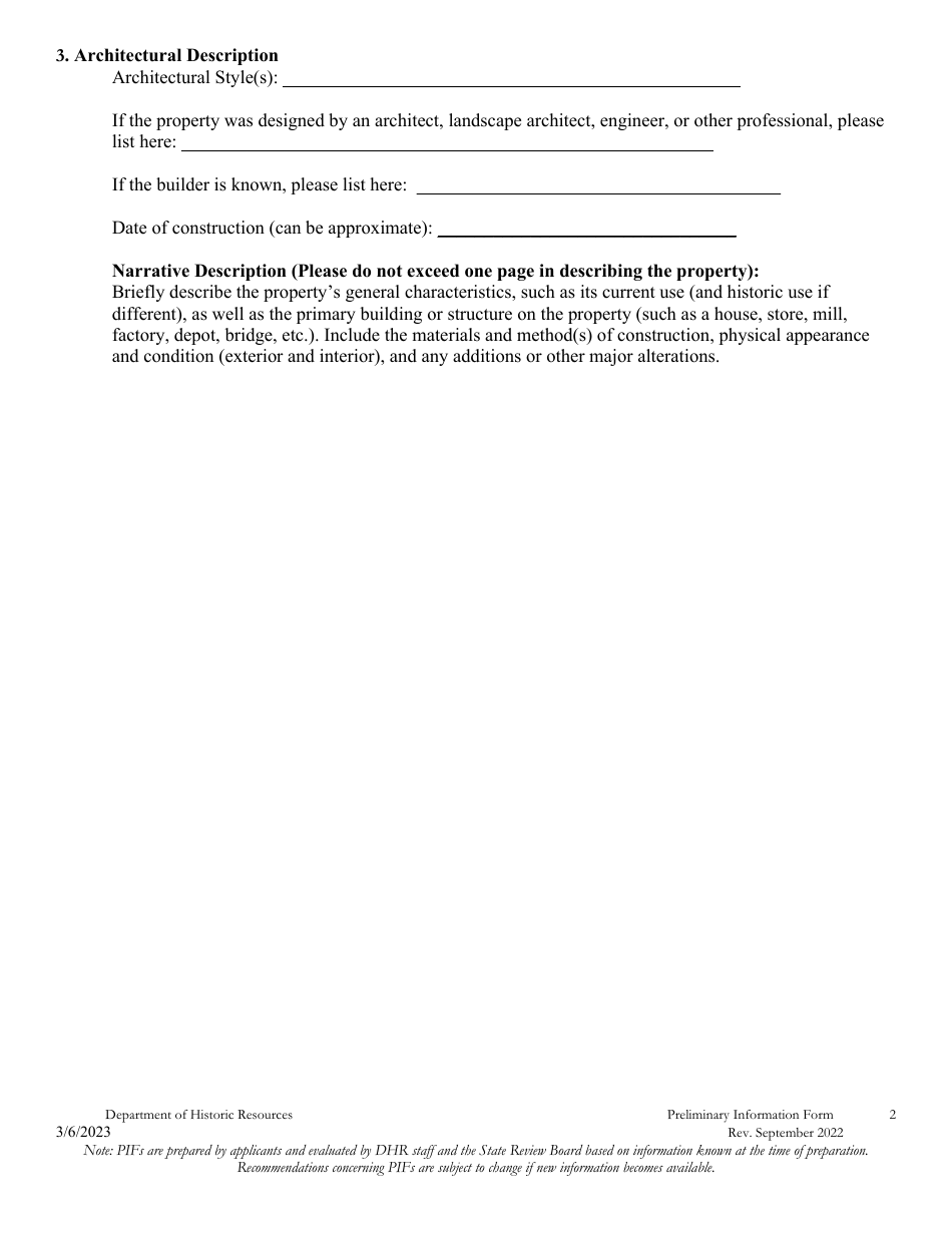 Preliminary Information Form (PIF) for Individual Properties - Virginia, Page 3