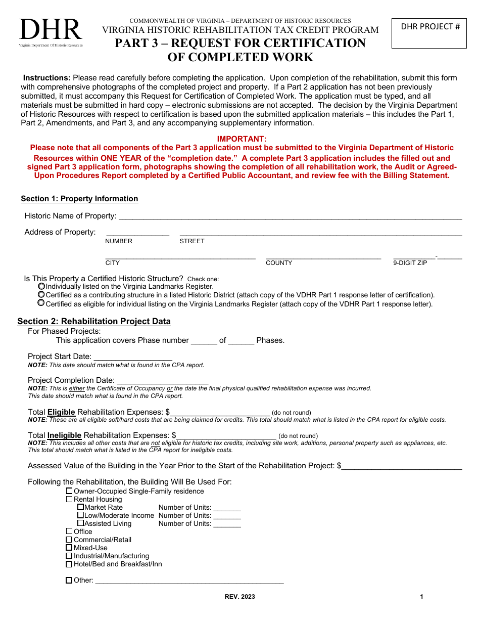 Part 3 Request for Certification of Completed Work - Virginia Historic Rehabilitation Tax Credit Program - Virginia, Page 1