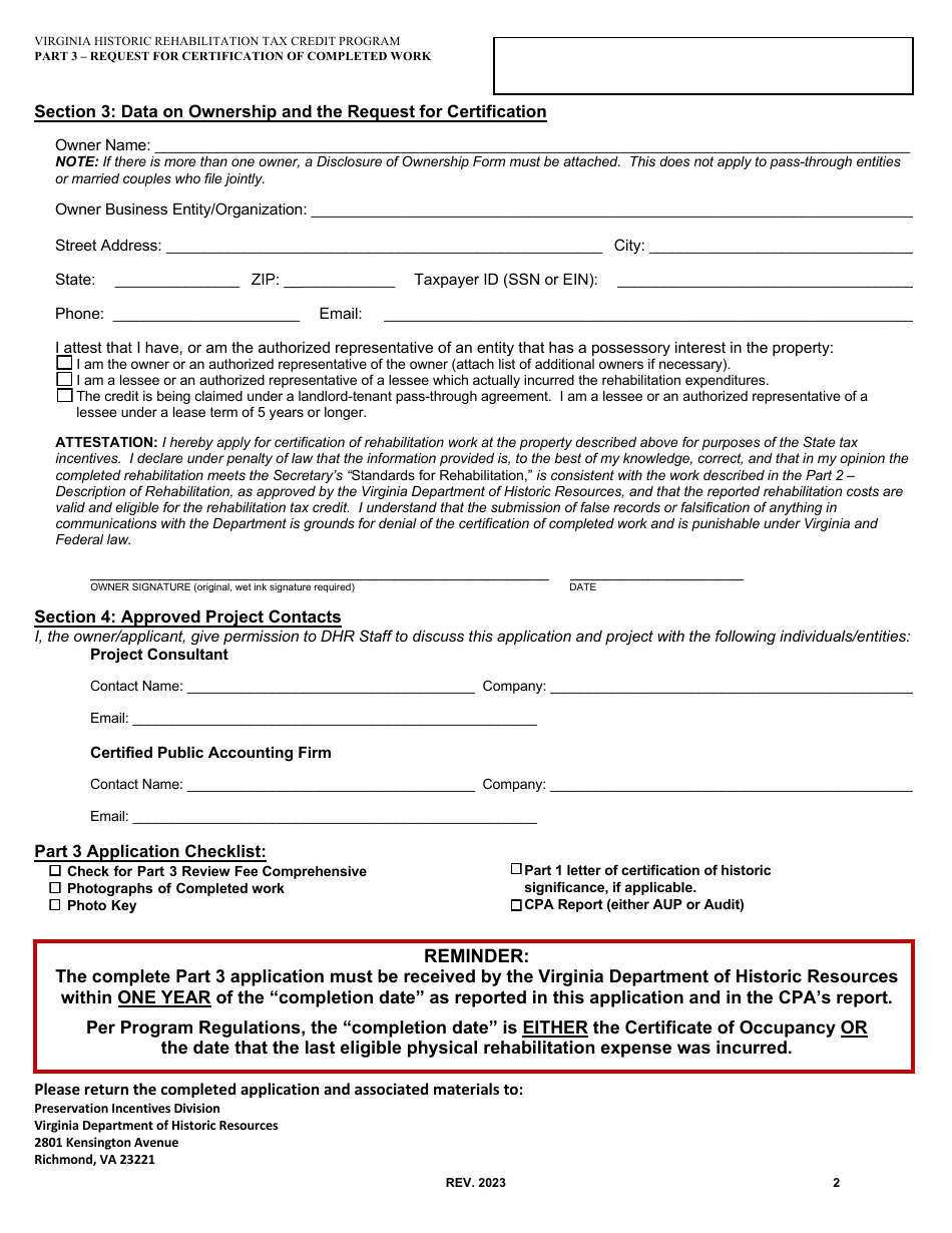 Part 3 Request for Certification of Completed Work - Virginia Historic Rehabilitation Tax Credit Program - Virginia, Page 2