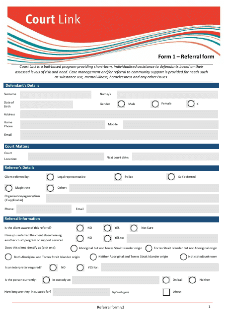 Form 1 Court Link Referral Form - Queensland, Australia