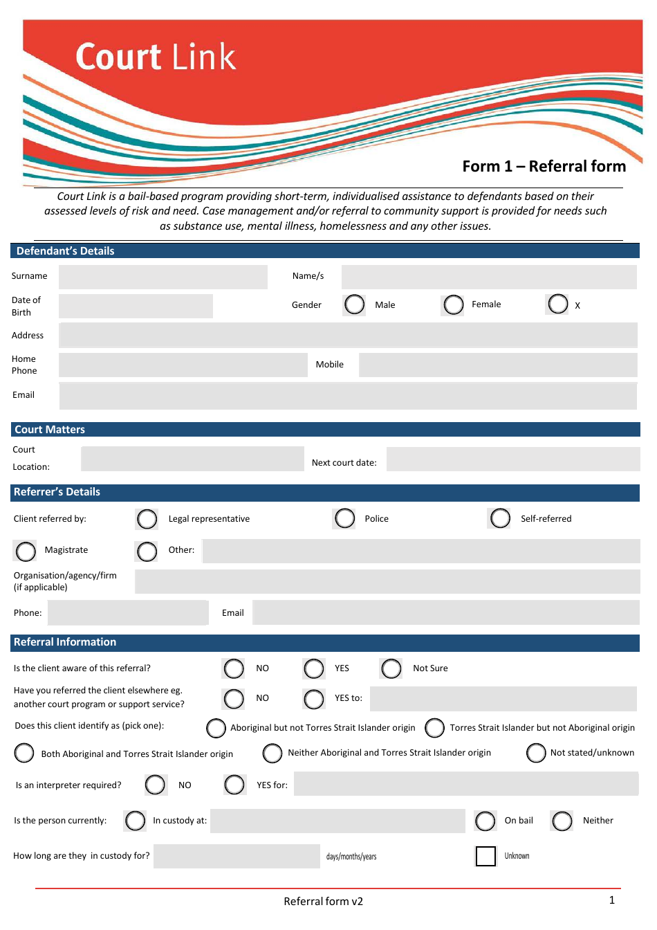 Form 1 Court Link Referral Form - Queensland, Australia, Page 1