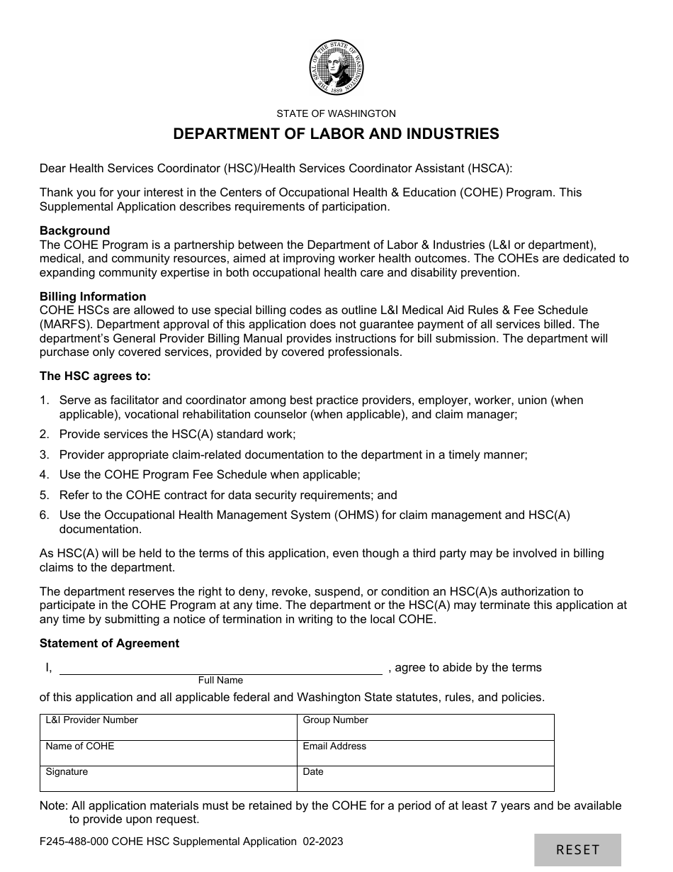 Form F245-488-000 Cohe Hsc Supplemental Application - Washington, Page 1