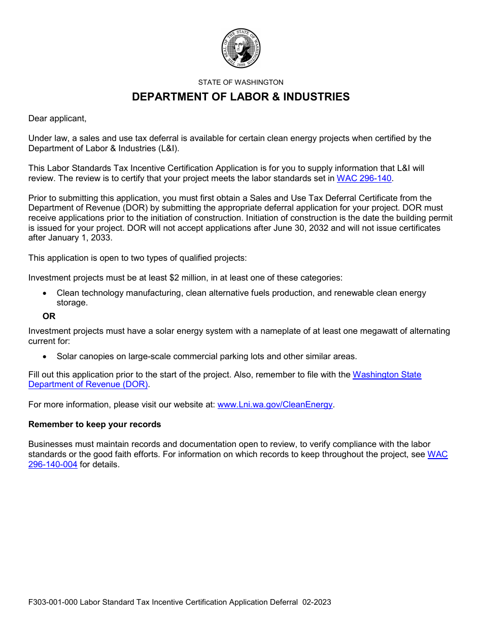 Form F303-001-000 Labor Standards Tax Incentive Certification Application Deferral - Washington, Page 1
