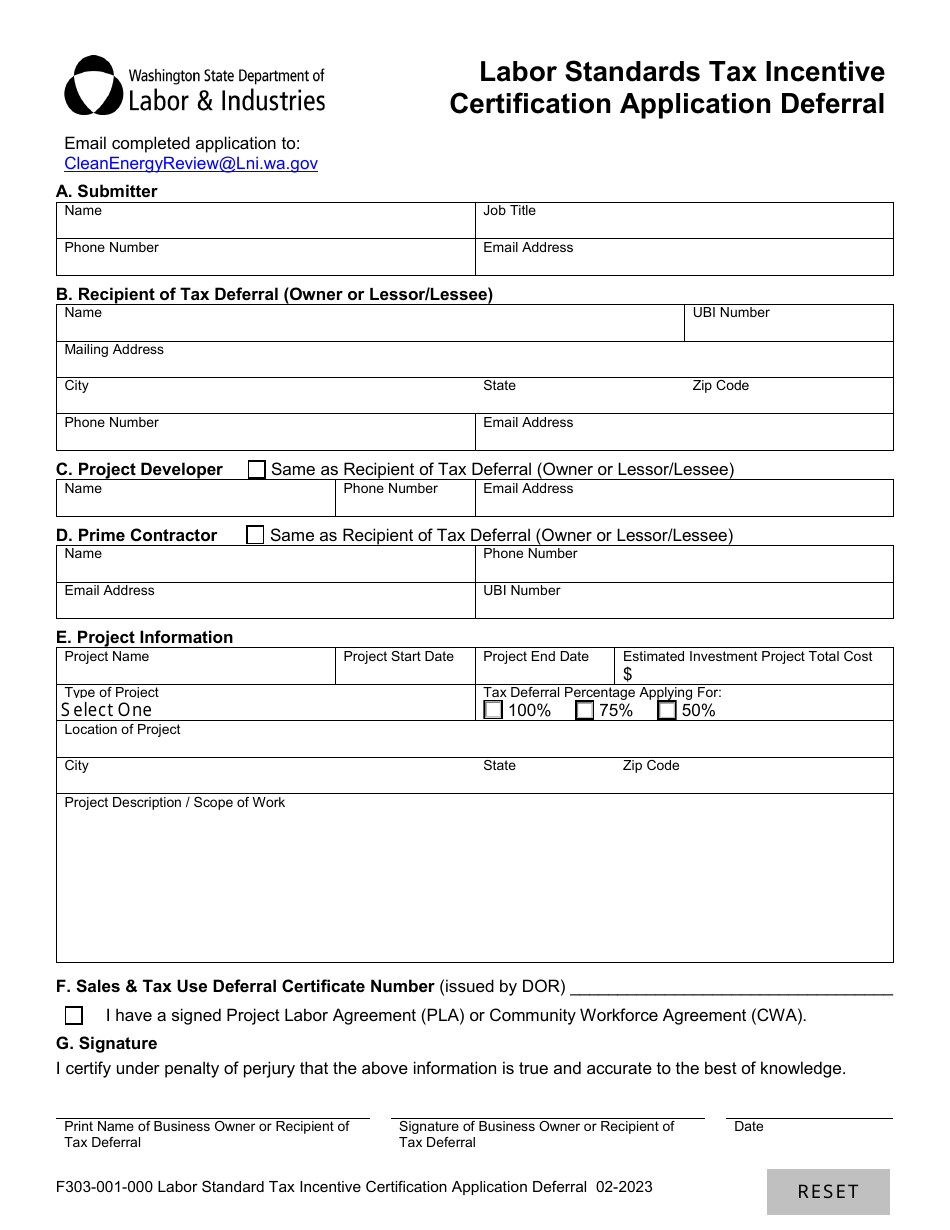 Form F303-001-000 Labor Standards Tax Incentive Certification Application Deferral - Washington, Page 3