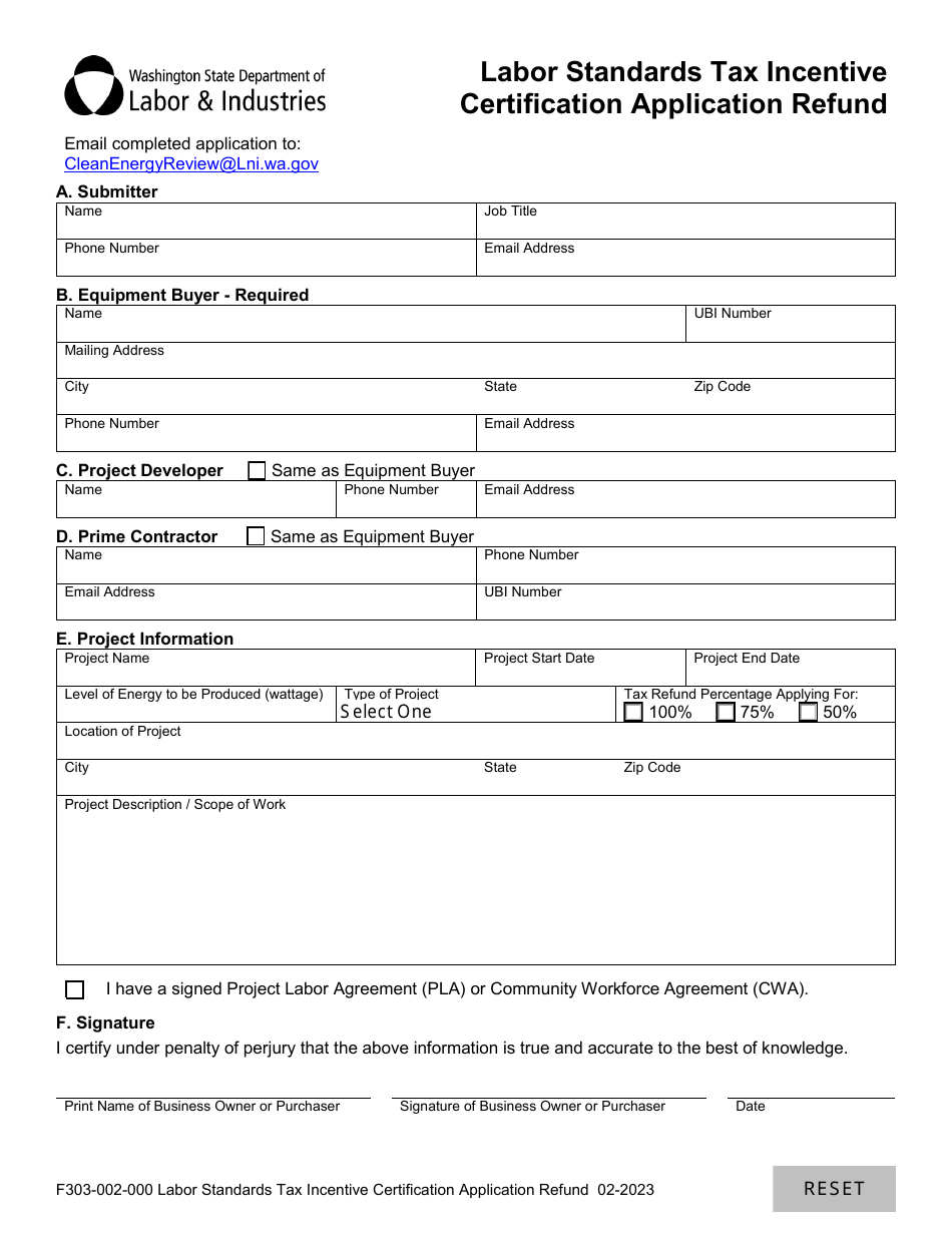 Form F303-002-000 Labor Standards Tax Incentivecertification Application Refund - Washington, Page 2