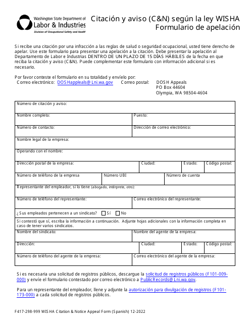 Formulario F417-298-999  Printable Pdf