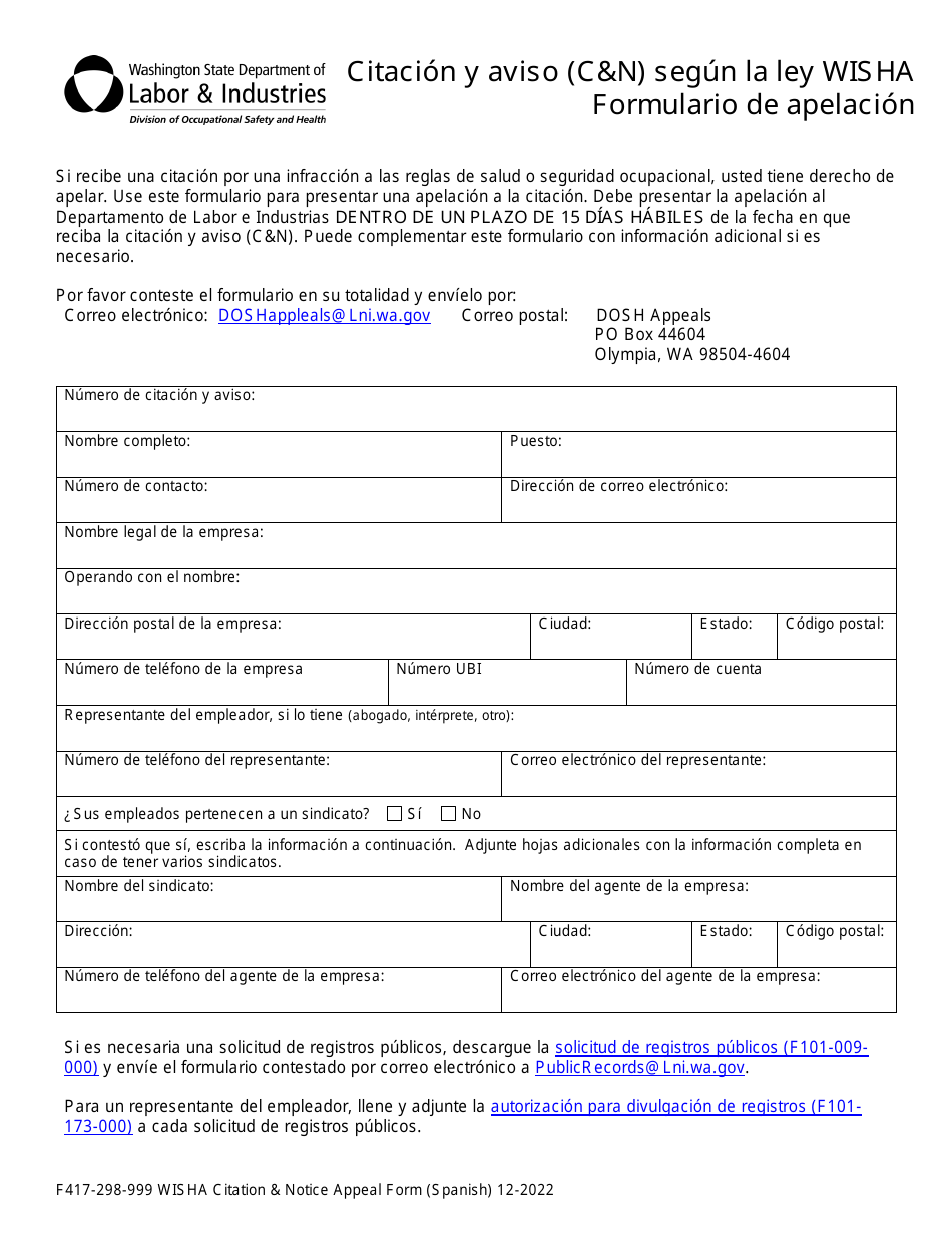 Formulario F417-298-999 Citacion Y Aviso (Cn) Segun La Ley Wisha Formulario De Apelacion - Washington (Spanish), Page 1