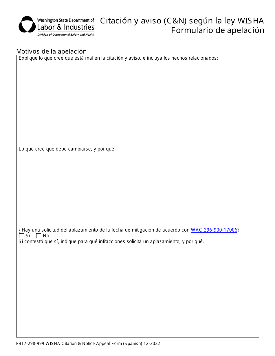 Formulario F417-298-999 Citacion Y Aviso (Cn) Segun La Ley Wisha Formulario De Apelacion - Washington (Spanish), Page 2