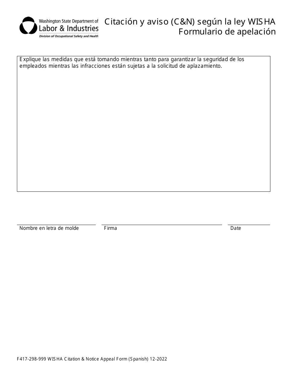Formulario F417-298-999 Citacion Y Aviso (Cn) Segun La Ley Wisha Formulario De Apelacion - Washington (Spanish), Page 3
