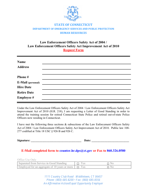 Law Enforcement Officers Safety Act of 2004 / Law Enforcement Officers Safety Act Improvement Act of 2010 Request Form - Connecticut Download Pdf