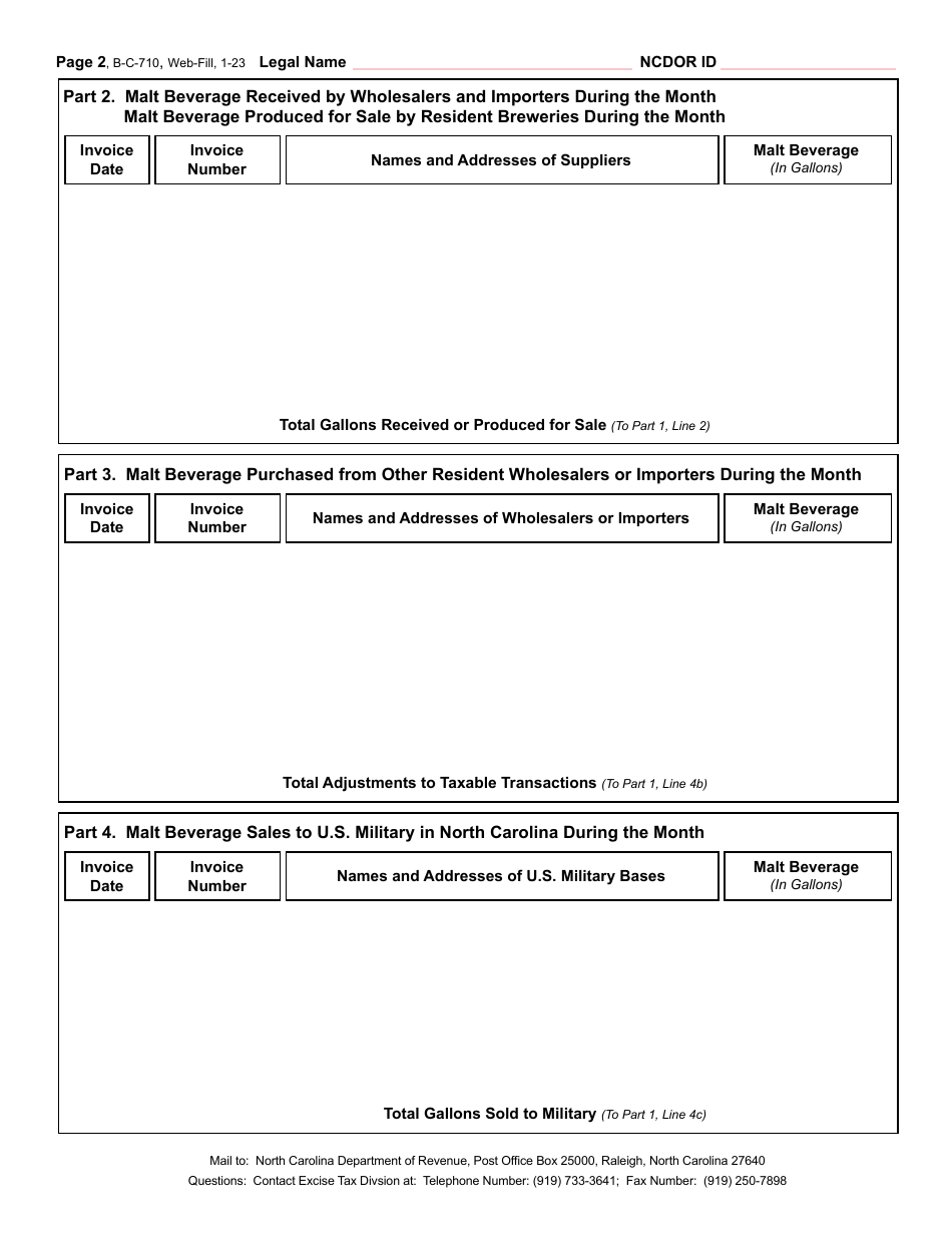 Form B-C-710 Malt Beverages Wholesaler and Importer and Resident Brewery Excise Tax Return - North Carolina, Page 3