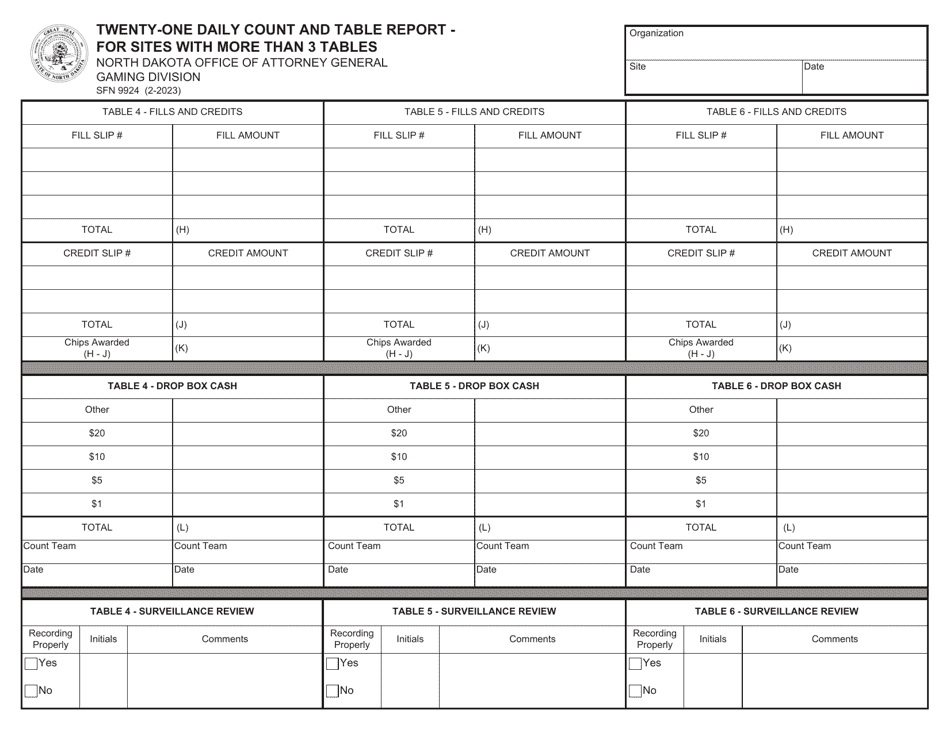 Form SFN9924 Twenty-One Daily Count and Table Report - for Sites With More Than 3 Tables - North Dakota, Page 1