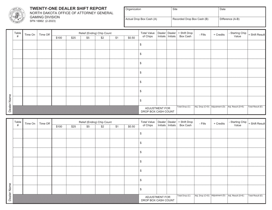 Form SFN18862 Twenty-One Dealer Shift Report - North Dakota, Page 1