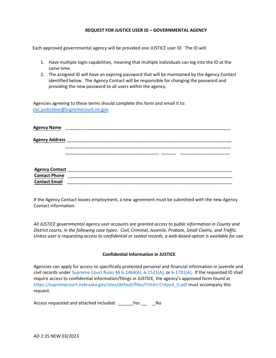 Form AD2:35 Request for Justice User ID - Governmental Agency - Nebraska, Page 1