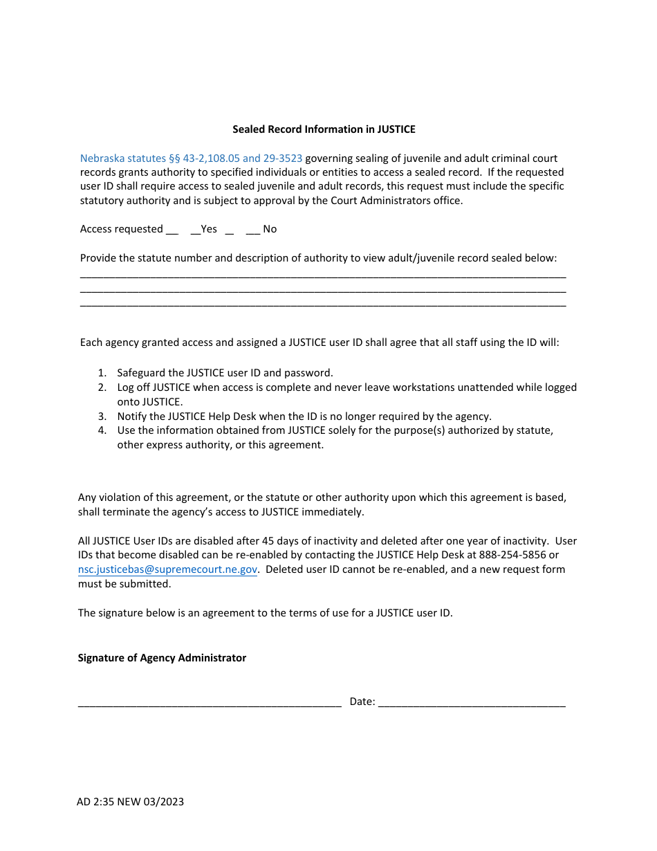 Form AD2:35 Request for Justice User ID - Governmental Agency - Nebraska, Page 2