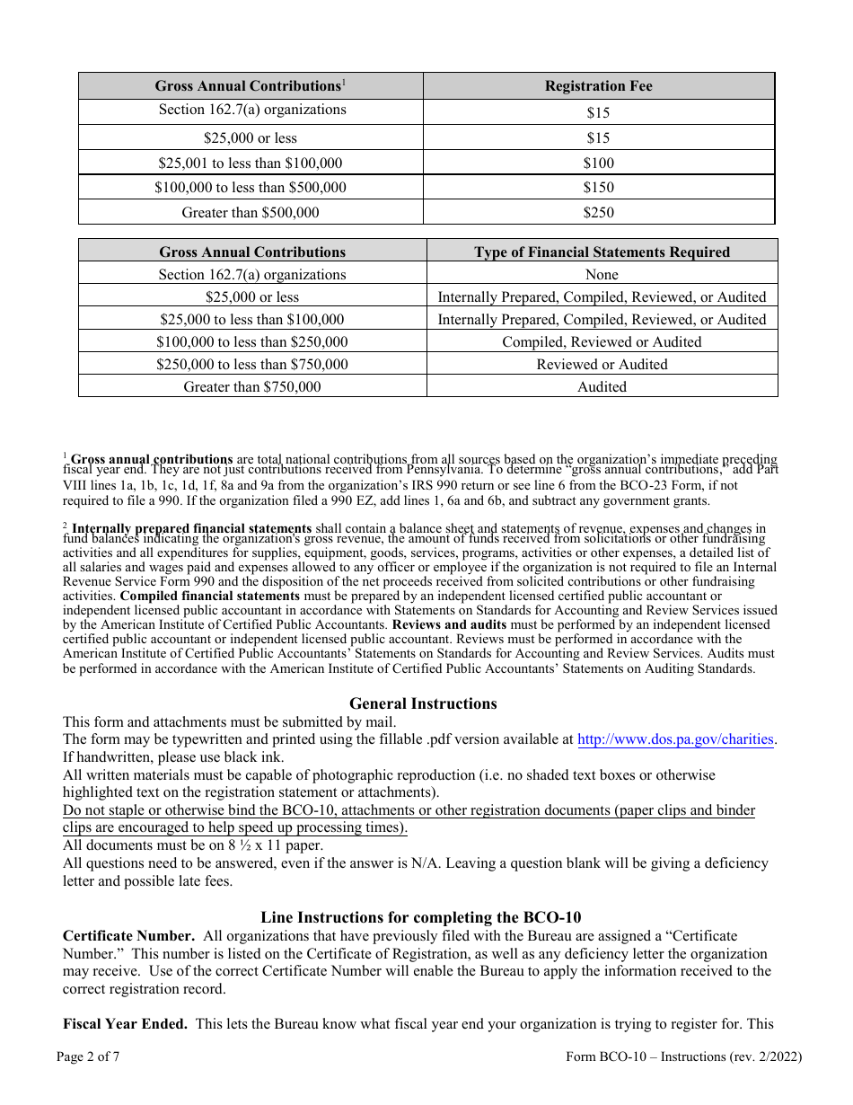 Instructions for Form BCO-10 Charitable Organization Registration Statement - Pennsylvania, Page 2