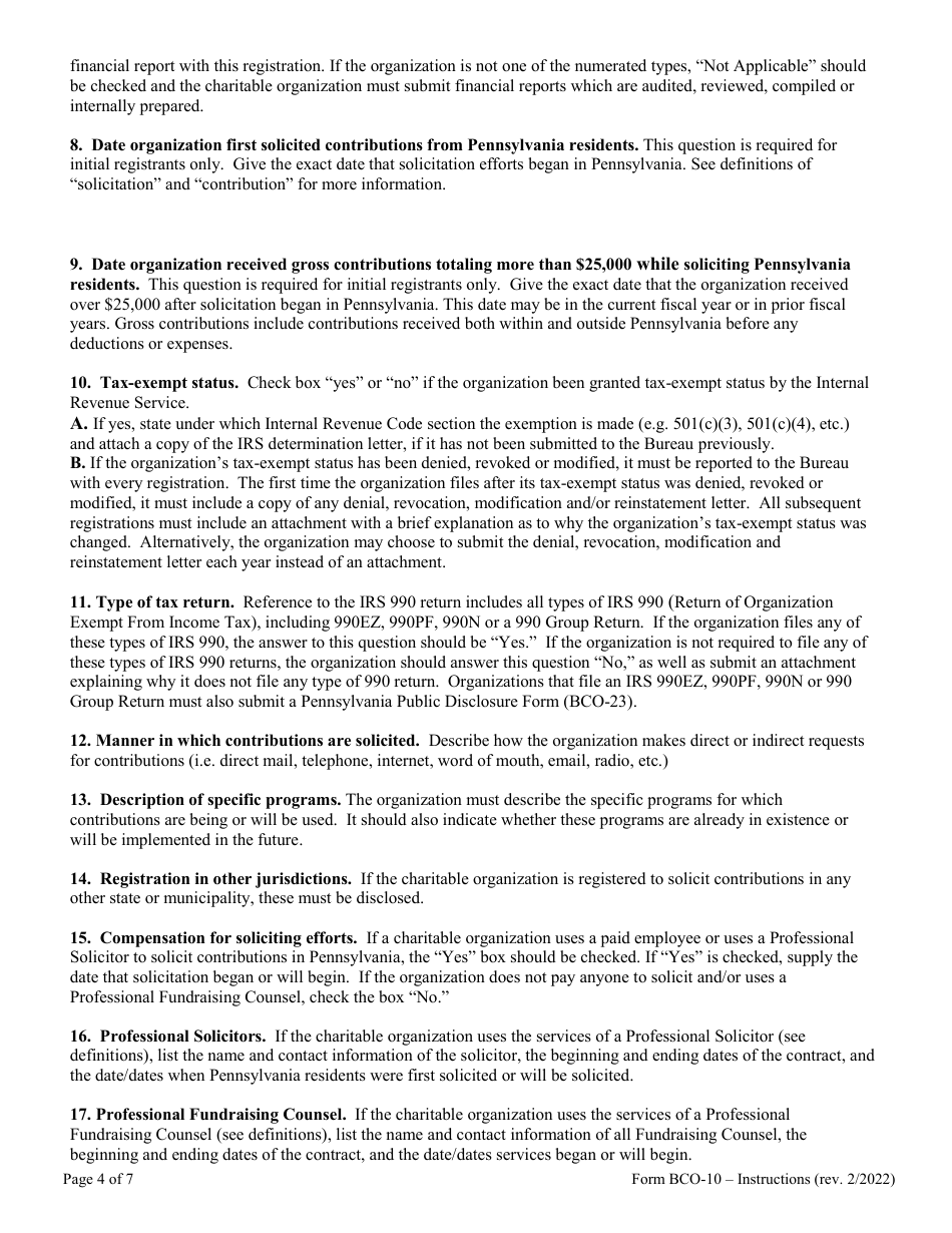 Instructions for Form BCO-10 Charitable Organization Registration Statement - Pennsylvania, Page 4