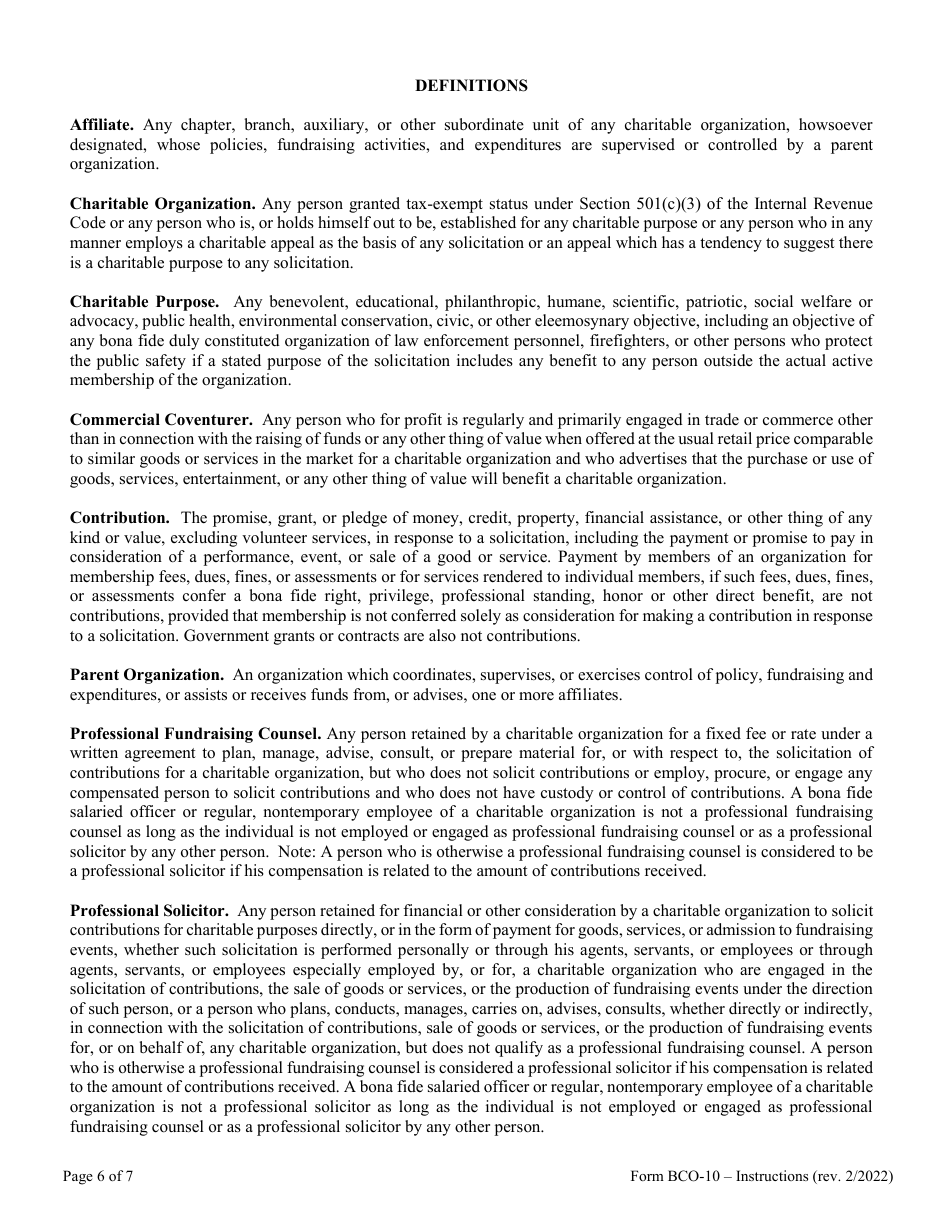 Instructions for Form BCO-10 Charitable Organization Registration Statement - Pennsylvania, Page 6