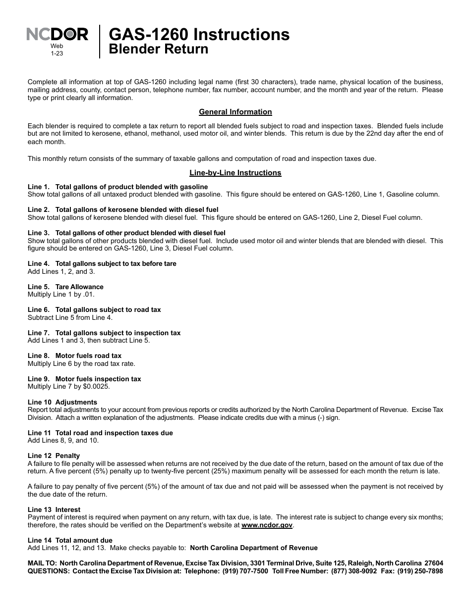 Instructions for Form GAS-1260 Blender Return - North Carolina, Page 1