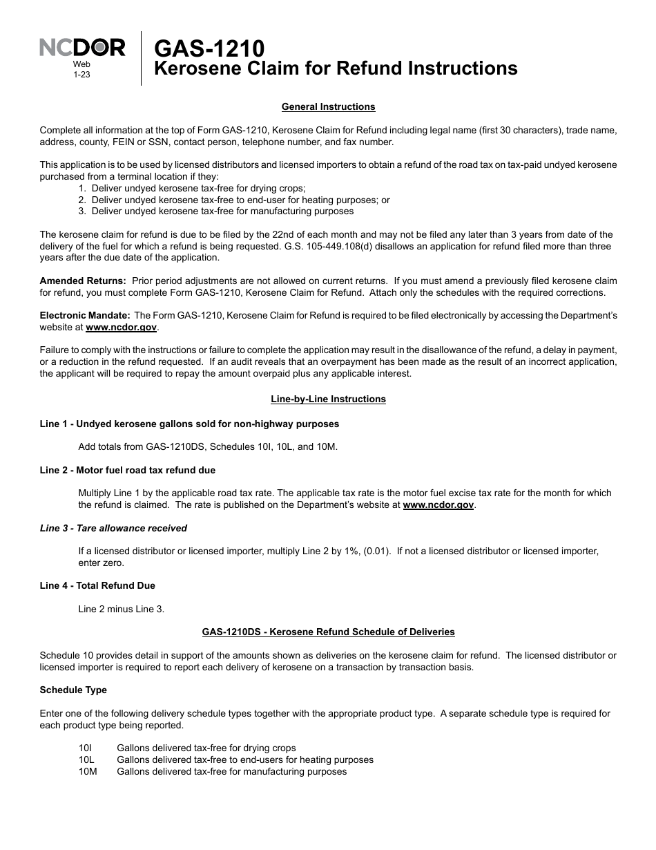 Instructions for Form GAS-1210 Kerosene Claim for Refund - North Carolina, Page 1