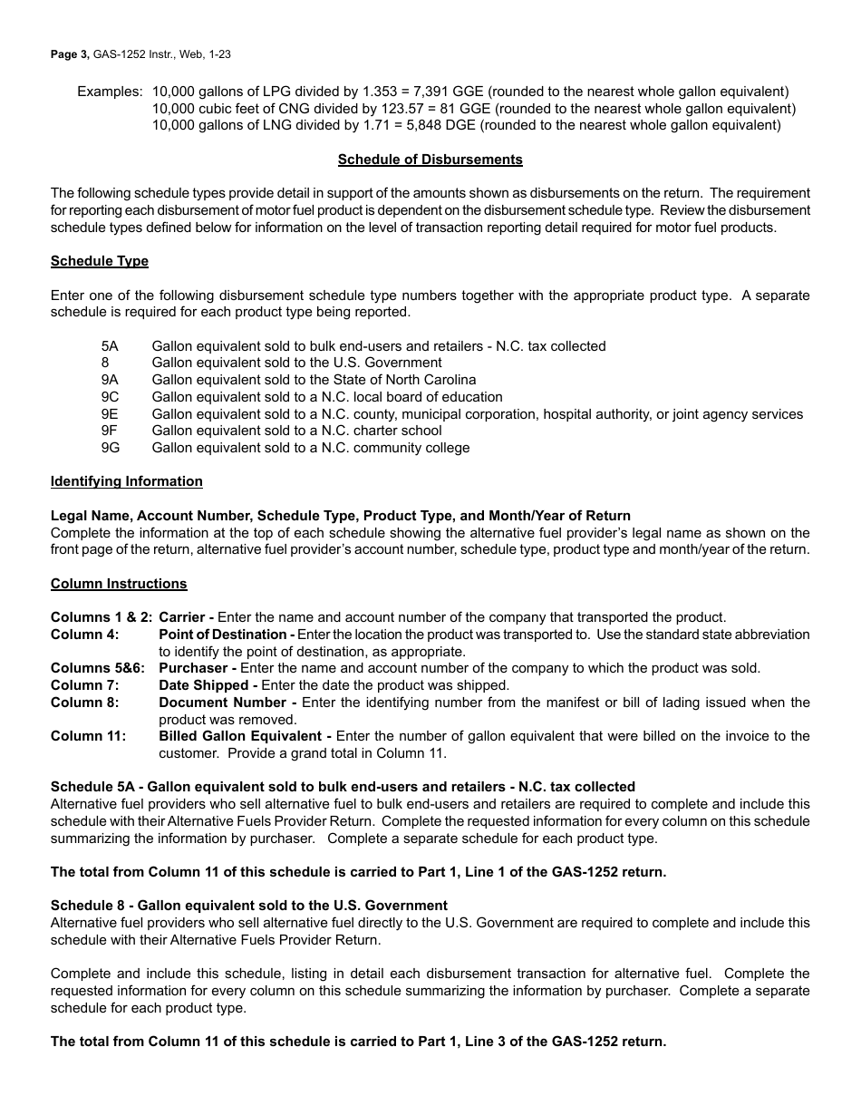 Instructions for Form GAS-1252 Alternative Fuels Provider Return - North Carolina, Page 3