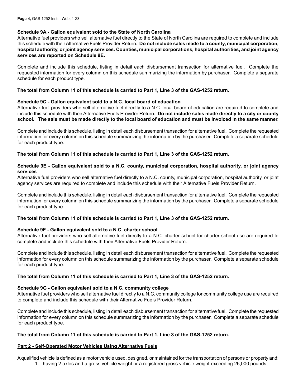 Instructions for Form GAS-1252 Alternative Fuels Provider Return - North Carolina, Page 4