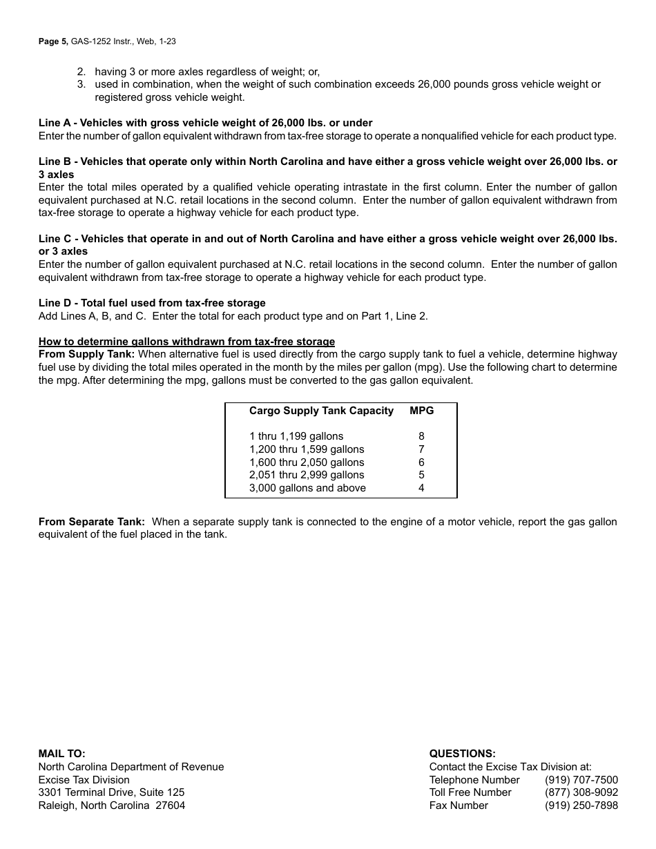 Instructions for Form GAS-1252 Alternative Fuels Provider Return - North Carolina, Page 5