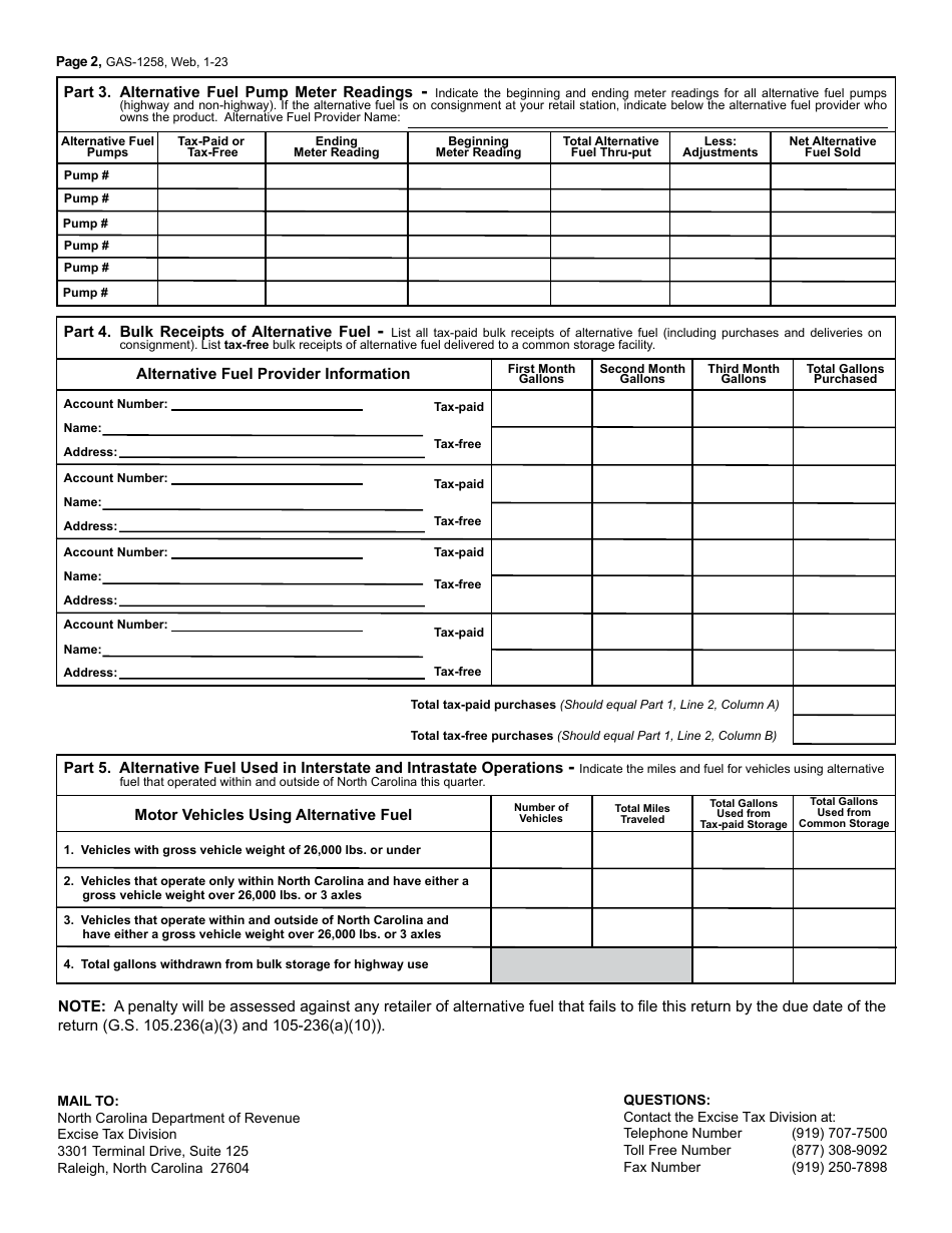 Form GAS-1258 Retailer of Alternative Fuel Return - North Carolina, Page 3