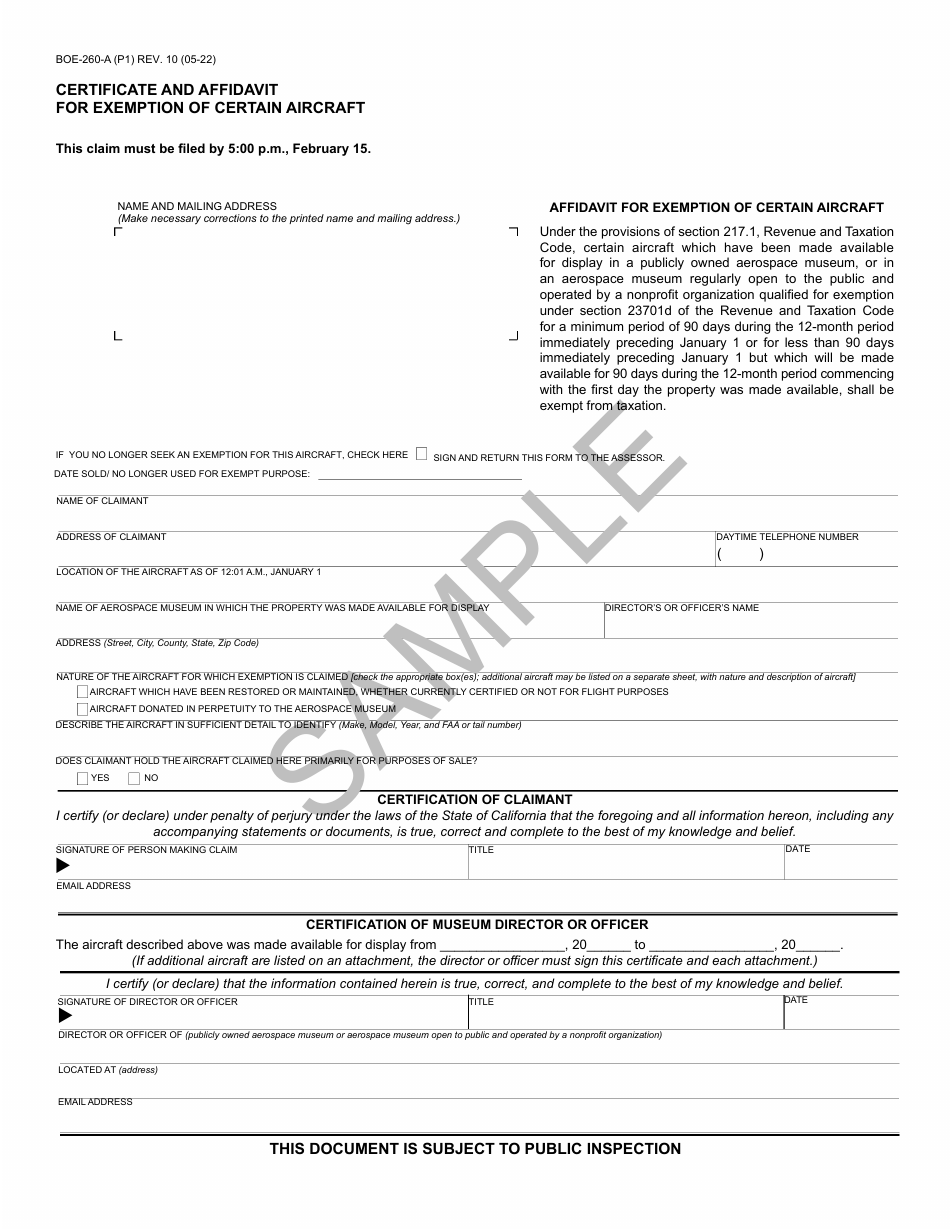 Form BOE-260-A Certificate and Affidavit for Exemption of Certain Aircraft - Sample - California, Page 1