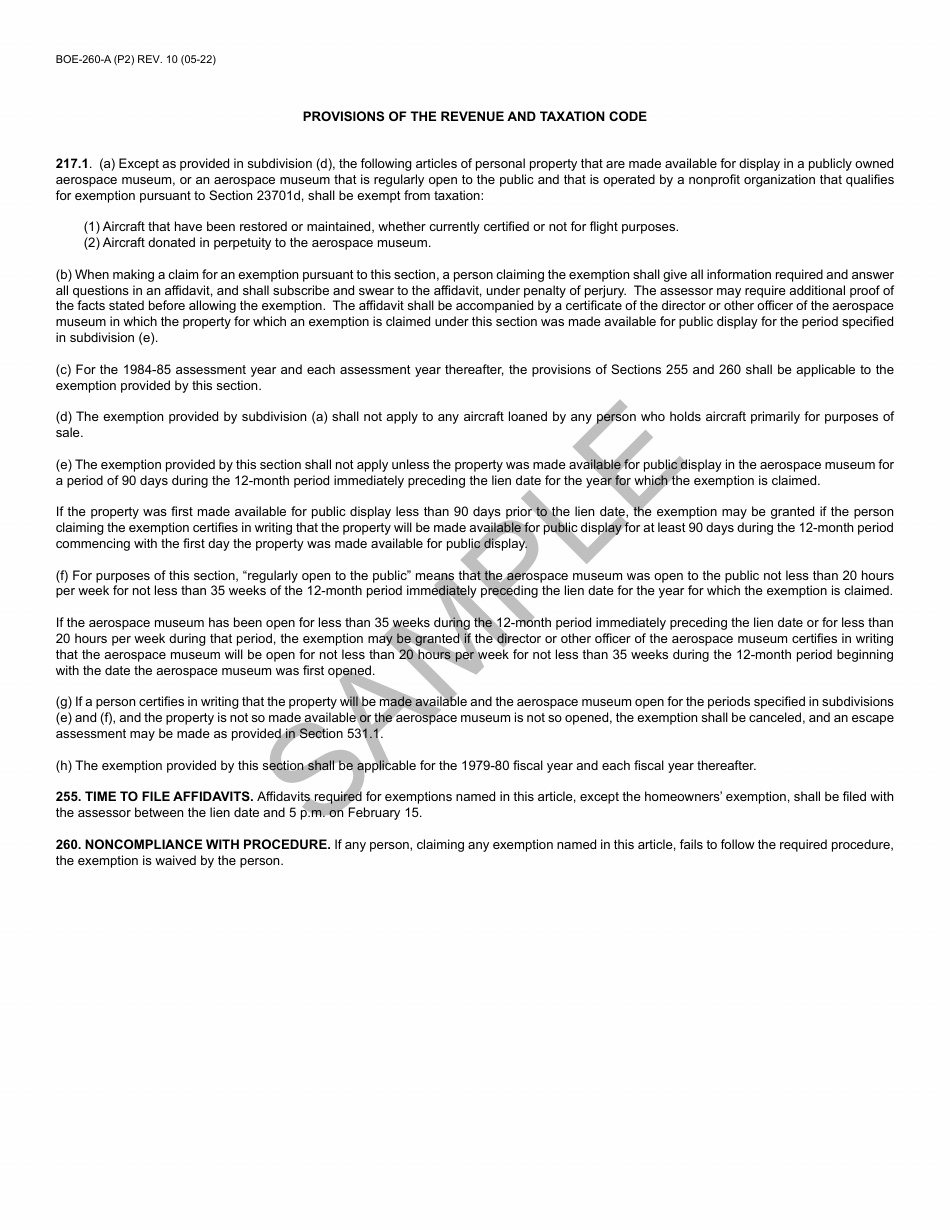 Form BOE-260-A Certificate and Affidavit for Exemption of Certain Aircraft - Sample - California, Page 2