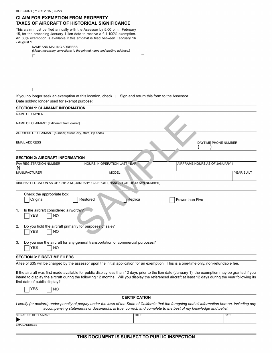 Form BOE-260-B Claim for Exemption From Property Taxes of Aircraft of Historical Significance - Sample - California, Page 1