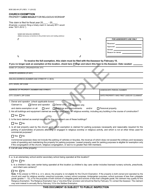 Form BOE-262-AH Church Exemption Property Used Solely for Religious Worship - Sample - California