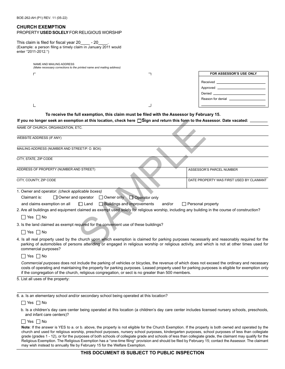 Form BOE-262-AH Church Exemption Property Used Solely for Religious Worship - Sample - California, Page 1