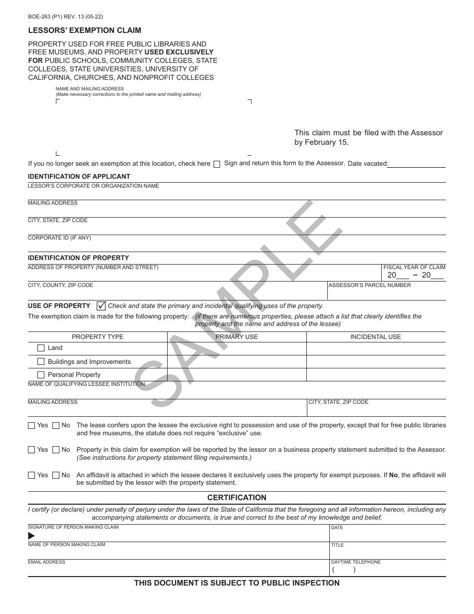 Form BOE-263 Lessors Exemption Claim - Sample - California, Page 1