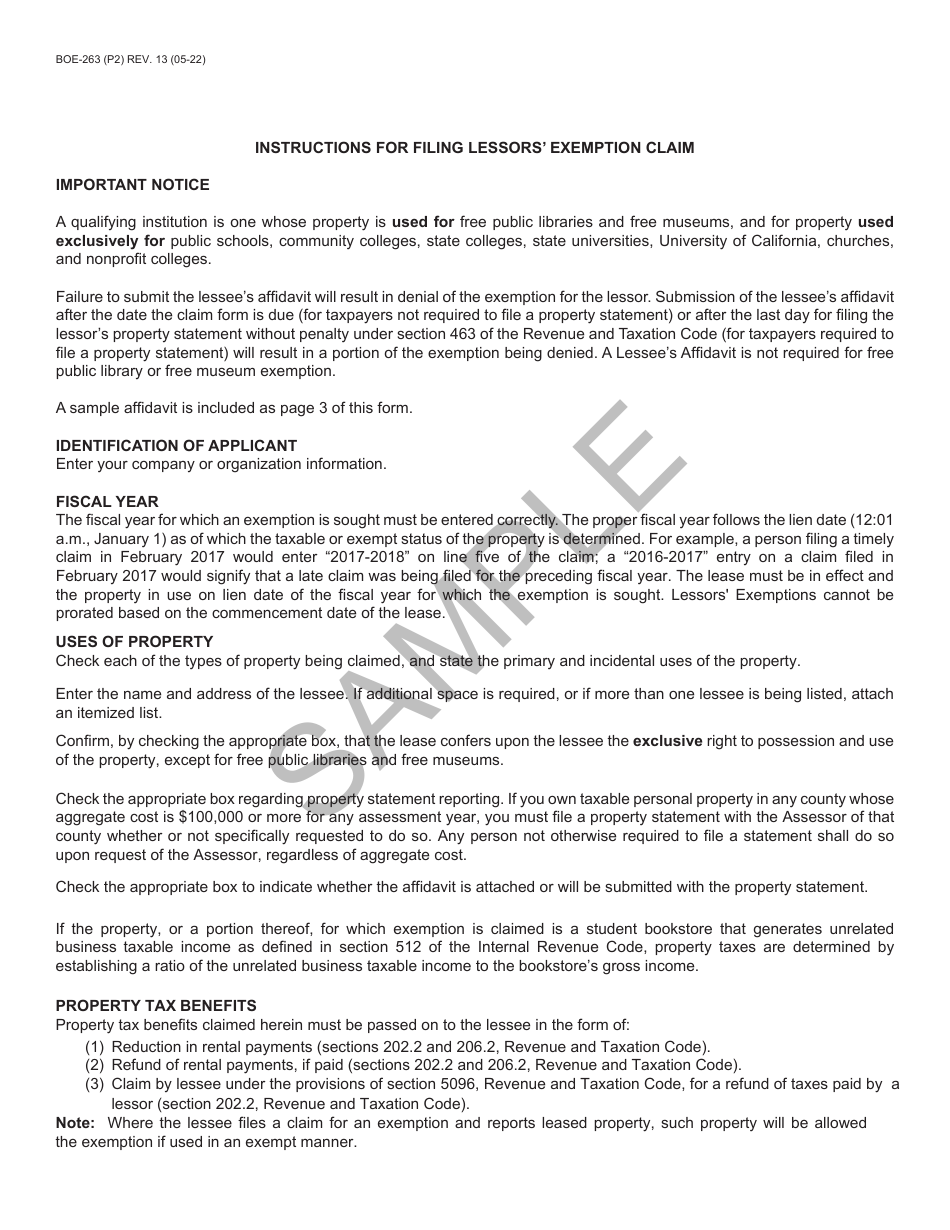 Form BOE-263 Download Printable PDF Or Fill Online Lessors' Exemption ...