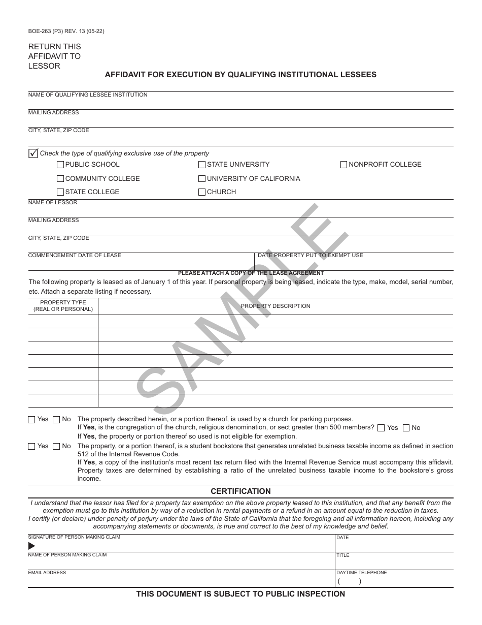 Form BOE-263 Lessors Exemption Claim - Sample - California, Page 3