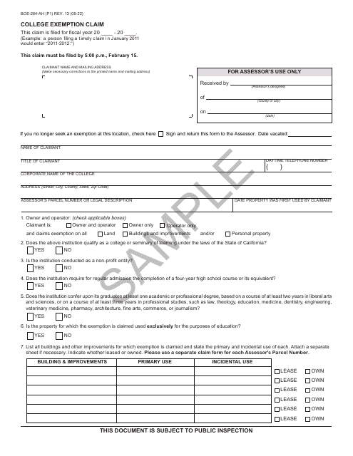 Form BOE-264-AH  Printable Pdf
