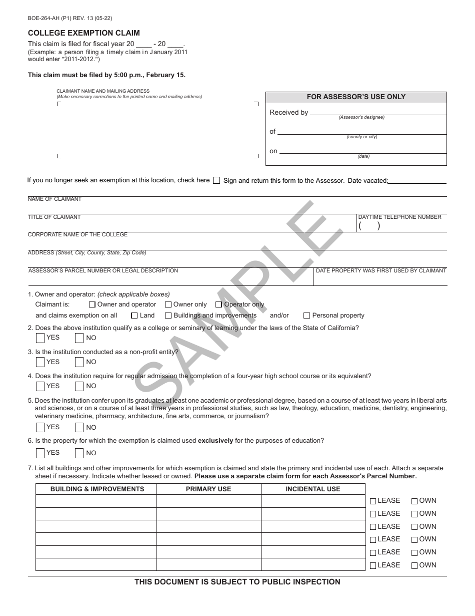 Form BOE-264-AH College Exemption Claim - Sample - California, Page 1