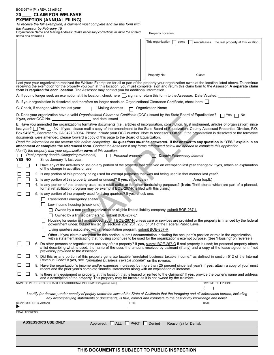 Form BOE-267-A Claim for Welfare Exemption (Annual Filing) - Sample - California, Page 1